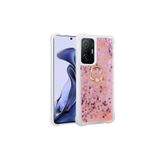Nezih Case Xiaomi Mi 11T 5G ile Uyumlu Yüzüklü Standlı Sıvılı Simli Pullu Silikon Kılıf, Pembe