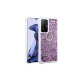 Nezih Case Xiaomi Mi 11T Pro 5G ile Uyumlu Yüzüklü Standlı Simli Pullu Sıvılı Silikon Kılıf, Mor