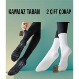 NF ND ENEFENDİ 2 Çift Yoga Pilates Çorabı Kadın Silikon Kaymaz Taban Pamuk Soket Tenis Çorap Altı Havlu Siyah Beyaz