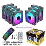Ng-A120b 7 Adet Infinity Mirror Argb Pwm Kasa Fanı 11X Argb Pwm Slot Kontrolcü Ve Kumanda Siyah