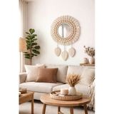 Ngahome El Yapımı Makrome Ayna Duvar Süsü 40 Cm | Boho Dekoratif Ahşap Boncuklu Püsküllü Ayna | Salon, Yatak