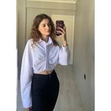 Nice Boutique Beyaz Büzgülü Crop Poplin Kumaş Kadın Gömlek - 001-Beyaz