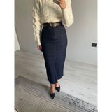 Nice Boutique Kemerli Yüksek Bel Ön Yırtmaçlı Midi Boy Denim Etek - Lacivert - 40