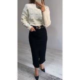 Nice Boutique Kemerli Yüksek Bel Ön Yırtmaçlı Midi Boy Denim Etek - Siyah - 40