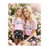 NiCe İç Giyim Anne & Kız Kombin Hello Kitty Lisanslı Pembe & Siyah Bisiklet Yaka T-shirt & Şort % 100 Pamuk Çocuk Pijama Takım ( Ayrı Satılır)