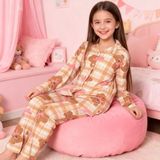 NiCe İç Giyim Kahve Pembe Renk Ekose Ayıcık Desen Gömlek Yaka Düğmeli Milan Kumaş Baharlık Kız Çocuk Pijama Takım - Pembe - Kahve - 5 - 6 Yaş