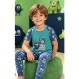 NiCe İç Giyim Sevimli Canavar Baskılı Yeşil & Lacivert Renk Bisiklet Yaka Manşetli Paça Pamuk Penye Erkek Çocuk Pijama Takım - 3 - 4 Yaş