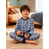 NiCe İç Giyim Uzun Kollu Motorsiklet Baskılı Lacivert Koyu Mavi Erkek Çocuk Pijama Takımı - Mavi - Beyaz - Lacivert - 9 - 10 Yaş