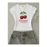 NİCE Kadın Cherry Baskılı - Likralı Kısa Kol Body Tee Crop