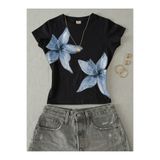 NİCE Kadın Çiçek Baskılı - Likralı Kısa Kol Body Tee Crop