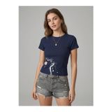 NİCE Kadın Çİçek Kedi Baskılı - Likralı Kısa Kol Body Tee Crop