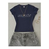 NİCE Kadın Cosmic Yazılı Taş Baskılı - Likralı Kısa Kol Body Tee Crop