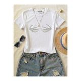 NİCE Kadın El Taş Baskılı - Likralı Kısa Kol Body Tee Crop