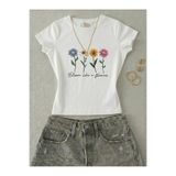 NİCE Kadın Flowers Baskılı - Likralı Kısa Kol Body Tee Crop