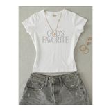 NİCE Kadın God's FavoriteYazılı Taş Baskılı - Likralı Kısa Kol Body Tee Crop
