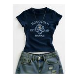 NİCE Kadın Honolulu Hawaii Baskılı - Likralı Kısa Kol Body Tee Crop