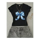 NİCE Kadın Kurdele Baskılı - Likralı Kısa Kol Body Tee Crop