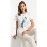 NİCE Kadın Oversize Tişört Dik Yeşil Tüy Baskılı Beyaz – Bisiklet Yaka, %100 Pamuk Compact T-shirt