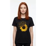 NİCE Kadın Oversize Tişört Kawaii ayçiçeği kelebek Baskılı Siyah– BisikletYaka,%100 Pamuk Compct T-shirt