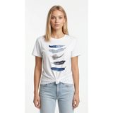 NİCE Kadın Oversize Tişört Mavi Tüy 5 Baskılı Beyaz – Bisiklet Yaka, %100 Pamuk Compact T-shirt