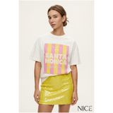 NİCE Kadın Oversize Tişört Santa Monica Baskılı Beyaz – Bisiklet Yaka, %100 Pamuk Compact T-shirt
