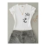 NİCE Kadın Panda Baskılı - Likralı Kısa Kol Body Tee Crop