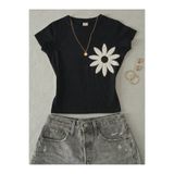 NİCE Kadın Papatya Baskılı - Likralı Kısa Kol Body Tee Crop