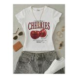 NİCE Kadın Red Cherries Baskılı - Likralı Kısa Kol Body Tee Crop