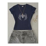 NİCE Kadın SpiderYazılı Taş Baskılı - Likralı Kısa Kol Body Tee Crop