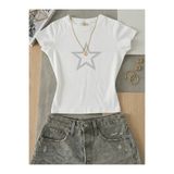 NİCE Kadın Yıldız Desenli Taş Baskılı - Likralı Kısa Kol Body Tee Crop