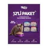 Nicky YETİŞKİN KEDİLER İÇİN ET PÜRESİ 85 GR X 12 ADET (KUZU ETLİ ET PÜRESİ 3 ADET+SOMONLU ET PÜRESİ 3 ADET+DANA ETLİ ET PÜRESİ 3 ADET+TAVUKLU ET PÜRESİ 3 ADET)