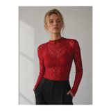 NİDAMARK Kadın Yarı Dik Yaka Kırmızı Dantelli Şık Gece ve Davet Bluzu / Likralı Dantel Body