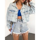 Nido Moda Çift Cepli Yıkamalı Crop Denim Ceket - Mavi