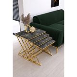 Nies Aksesuar MASAL 4'LÜ Zigon Sehpa Metal Sehpa GOLD KAPLAMA PARLAK GRİ MERMER Desen MDF Membran