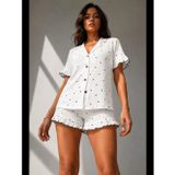 Night Beyaz Kadın Süprem Gömlek Şort Düğme Pijama Takımı