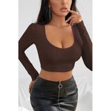 Night Kadın Kahverengi Uzun Kol Kare Yaka Crop Top Bluz