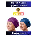 Nightwatchers Deluxe Su Geçirmez Sızdırmaz Renkli Silikon Yüzücü Havuz Deniz Bone Elastik Yüzme Şapkası 2'li Set