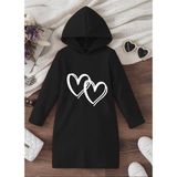 Nigrum Pardus Nıgrum Pardus Kapüşonlu Çengel Kalp Baskılı %100 Pamuk Kışlık Kız Çocuk Özel Seri Spor Hoodie Elbise - Siyah - 14 Yaş