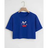 Nigrum Pardus Nıgrum Pardus Özel Seri Rıbboned Cherry Baskılı %100 Pamuk Kız Çocuk Crop T-Shirt - Mavi - 9 Yaş
