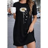Nigrum Pardus Nıgrum Pardus Yeni Sezon Papatya Flower Baskılı %100 Pamuk Kısa Kollu Yazlık Büyük Beden Spor Kadın Elbise - Siyah - 10XL