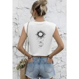 Nıgrum Pardus Özel Seri Güneş-Ay Sırt Baskılı %100 Pamuk Kolsuz Kadın Crop T-Shirt - Beyaz