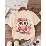 Nıgrum Pardus Pembe Çiçekli Baykuş Baskılı Bisiklet Yaka Kız Çocuk T-Shirt - Bej - 3 Yaş