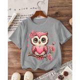 Nıgrum Pardus Pembe Çiçekli Baykuş Baskılı Bisiklet Yaka Kız Çocuk T-Shirt - Gri - 1 Yaş