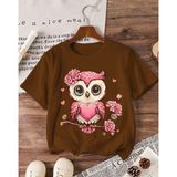 Nıgrum Pardus Pembe Çiçekli Baykuş Baskılı Bisiklet Yaka Kız Çocuk T-Shirt - Kahverengi - 7 Yaş