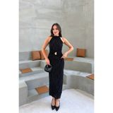 Nika Fashion Kadın Flok Baskı Boyundan Bağlamalı Sim Detay Maxi Boy Elbise