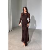 Nika Fashion Kadın Simli Çiçek İşlemeli Transparan Detaylı Önü Kuşaklı Maxi Uzun Kollu Tül Elbise