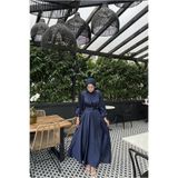 Nika Fashion Lia Lacivert Önü Büzgülü Şanel Saten Kumaş Lüks Tesettür Abiye Elbise
