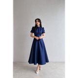 Nika Fashion Nil Lacivert Kloş Etek Kısa Kol Midi Boy Saten Abiye Elbise