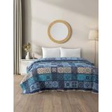 Nikar Home %100 Pamuk Müslin Çift Kişilik Yatak Örtüsü - 220X240 cm - Mavi Patchwork Desen - Mavi - Krem - 220 x 240 cm