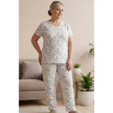 Niket Life Kadın Desenli Dantel Yakalı Kısa Kol Altı Uzun Penye Anne Pijama Takımı